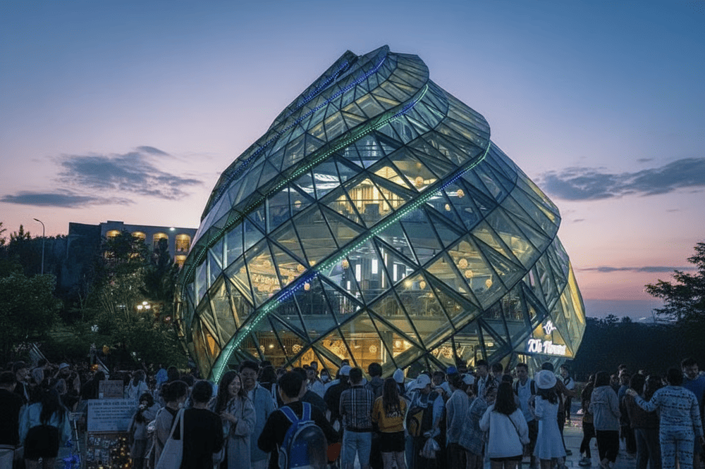 Nụ Atiso l&ecirc;n đ&egrave;n rực rỡ v&agrave;o buổi tối tại Quảng trường Đ&agrave; Lạt